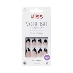 KISS Voguish Fantasy Press On Nails, Nail glue included, 'Magnifique', Black, Medium Size, Almond Shape, Includes 28 Nails, 2g glue, 1 Manicure Stick, 1 Mini File