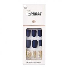 KISS imPRESS Press-On Manicure, Nail Kit, PureFit Technology, Short Press-On Nails, Wannabe Star', Includes Prep Pad, Mini Nail File, Cuticle Stick, and 30 Fake Nails Blue and Gold