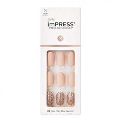 KISS imPRESS No Glue Mani Press On Nails, Design, Evanesce', Beige, Short Size, Oval Shape, Includes 30 Nails, Prep Pad, Instructions Sheet, 1 Manicure Stick, 1 Mini File