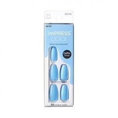 KISS imPRESS No Glue Mani Press On Nails, Color, 'Serene Blue', Blue, Medium Size, Coffin Shape, Includes 30 Nails, Prep Pad, Instructions Sheet, 1 Manicure Stick, 1 Mini File