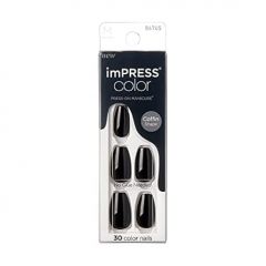 KISS imPRESS No Glue Mani Press On Nails, Color, 'All Black', Black, Medium Size, Coffin Shape, Includes 30 Nails, prep pad, mini nail file, manicure stick