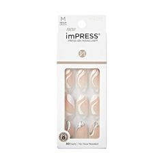 KISS imPRESS No Glue Mani Press On Nails, Design, On My Mind', White, Medium Size, Almond Shape, Includes 30 Nails, Prep Pad, Instructions Sheet, 1 Manicure Stick, 1 Mini File