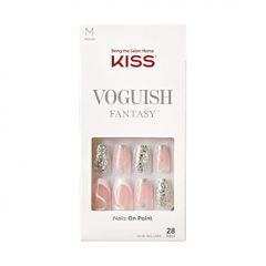 KISS Voguish Fantasy Press On Nails, Nail glue included, 'Fashspiration', Silver, Medium Size, Coffin Shape, Includes 28 Nails, 2g glue, 1 Manicure Stick, 1 Mini File