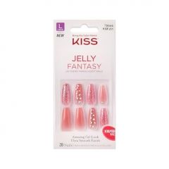 KISS Gel Fantasy Press On Nails, Nail glue included, 'Be Jelly', Pink, Long Size, Coffin Shape, Includes 28 Nails, 2g Glue, 1 Manicure Stick, 1 Mini File, 1 Adhesive Tab