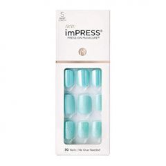 KISS imPRESS No Glue Mani Press On Nails, Design, Rain Check', Blue, Short Size, Squoval Shape, Includes 30 Nails, Prep Pad, Instructions Sheet, 1 Manicure Stick, 1 Mini File