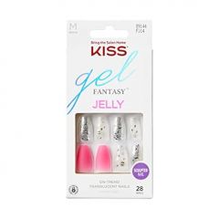 KISS Gel Fantasy Press On Nails, Nail glue included, 'Fun & Jelly', Pink, Medium Size, Coffin Shape, Includes 28 Nails, 2g glue, 1 Manicure Stick, 1 Mini File