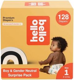 Hello Bello Premium Diapers, Size 1 (8-12 lbs) Surprise Pack for Boys - 128 Count, Hypoallergenic with Soft, Cloth-Like Feel - Assorted Boy & Gender Neutral Patterns