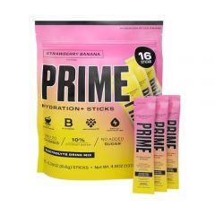 PRIME HYDRATION+ Sticks Strawberry Banana | Hydration Powder Single Serve Sticks | Electrolyte Powder On The Go | 250mg BCAAs, B Vitamins, Antioxidants | Low Sugar | Caffeine-Free | Vegan | 16 Sticks