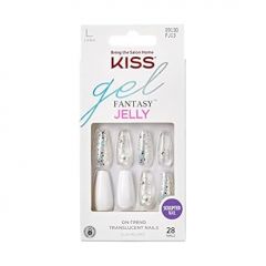 KISS Gel Fantasy Press On Nails, Nail glue included, 'Sweet Jelly', White, Long Size, Coffin Shape, Includes 28 Nails, 2g glue, 1 Manicure Stick, 1 Mini File