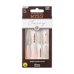 KISS Classy Press On Nails, Nail glue included, 'Sophisticated', Silver, Extra-Long Size, Coffin Shape, Includes 30 Nails, 2g glue, 1 Manicure Stick, 1 Mini File