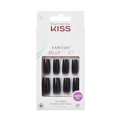 KISS Gel Fantasy Press On Nails, Nail glue included, 'Jelly Gelée', Black, Long Size, Square Shape, Includes 28 Nails, 2g glue, 1 Manicure Stick, 1 Mini File