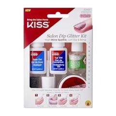 KISS Salon Dip, Dip Powder Nail Kit, Includes 7g Base Gel, 7g Top Gel, 7.5ml Activator, 9g Pink Glitter Dip Powder, Dusting Sponge, Replacement Gel Brush, Nail File, Manicure Stick