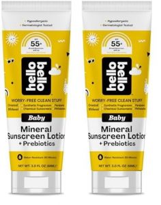 Hello Bello Mineral SPF 55+ Sunscreen Lotion with Prebiotics I Water Resistant and Reef Friendly Sun Protection for Babies and Kids I 3 fl oz (Pack of 2)