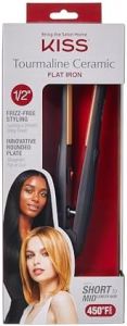 KISS Tourmaline Ceramic Flat Iron Hair Straightener & Styling Tool, 1/2" Plates, Frizz-Free Styling, Rounded Edge for Curls, 30-Second Heat Up, Up to 450°F, Black