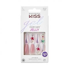 KISS Gel Fantasy Press On Nails, Nail glue included, 'Jelly Cookie', Pink, Long Size, Coffin Shape, Includes 28 Nails, 2g glue, 1 Manicure Stick, 1 Mini File