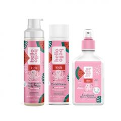 Hello Bello Kids Conditioning Mist & Detangler, Watermelon - 6.7oz + Shampoo & Body Wash, 10 FL Oz + Conditioner, 10 Fl Oz - Hypoallergenic, pH-Balanced & Dermatologist-Tested,