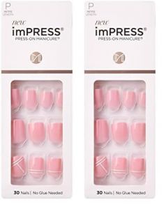 KISS imPRESS Press-On Nails Petite Length Glue On Nails Manicure Set, ‘Timeless Day’, 30 Chip-Proof, Smudge-Proof Fake Nails (Pack of 2)