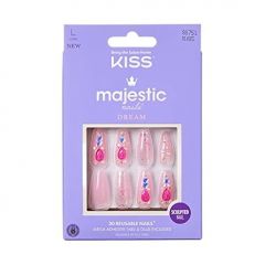 KISS Majestic Press On Nails, Nail glue included, 'Lovely Bubbly', Pink, Long Size, Coffin Shape, Includes 30 Nails, 2g glue, 2 Prep Pads, 2 of 24 Adhesive tabs, 2 manicure sticks, Mini file