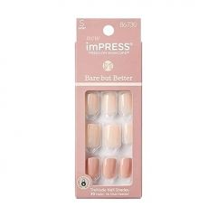 KISS imPRESS No Glue Mani Press On Nails, Bare But Better, 'Simple Pleasure', Nude, Short Size, Squoval Shape, Includes 30 Nails, Prep Pad, Instructions Sheet, 1 Manicure Stick, 1 Mini File