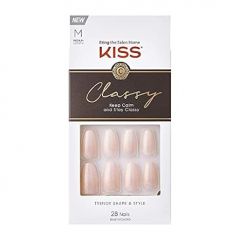 KISS Classy Press On Nails, Nail glue included, 'Cozy Meets Cute', Pink, Medium Size, Coffin Shape, Includes 28 Nails, 2g Glue, 1 Manicure Stick, 1 Mini File