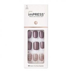 KISS imPRESS No Glue Mani Press On Nails, Design, Flawless', Gray, Short Size, Squoval Shape, Includes 30 Nails, Prep Pad, Instructions Sheet, 1 Manicure Stick, 1 Mini File