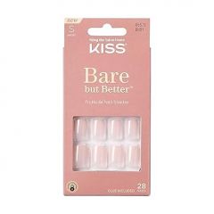 KISS Bare but Better Press On Nails, Nail glue included, 'Nudies', Nude, Short Size, Squoval Shape, Includes 28 Nails, 2g glue, 1 Manicure Stick, 1 Mini File