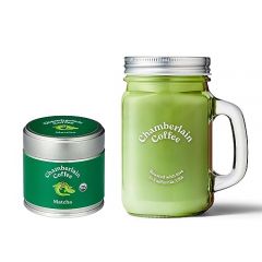 Chamberlain Coffee Matcha & Mason Jar Bundle - 100% Organic Matcha Japanese Green Tea Powder, 1.06 Oz Tin & 16 Oz Mason Jar for Cold Brew, Iced Coffee & Matcha