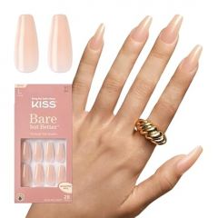 KISS Bare but Better Press On Nails, Nail glue included, 'Nude Drama', Nude, Long Size, Coffin Shape, Includes 28 fake nails, pink gel nail glue (net wt. 2g / .7 oz.), mini file, and manicure stick.