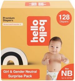 Hello Bello Premium Diapers, Size NB (Up to 10 lbs) Surprise Pack for Girls - 128 Count, Hypoallergenic with Soft, Cloth-Like Feel - Assorted Girl & Gender Neutral Patterns