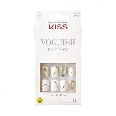 KISS Voguish Fantasy Press On Nails, Nail glue included, 'Glam and Glow', White, Short Size, Squoval Shape, Includes 28 Nails, 2g glue, 1 Manicure Stick, 1 Mini File