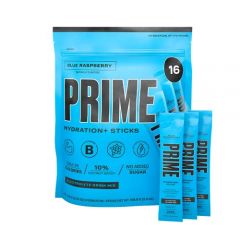 PRIME HYDRATION+ Sticks Blue Raspberry | Hydration Powder Single Serve Sticks | Electrolyte Powder On The Go | 250mg BCAAs, B Vitamins, Antioxidants | Low Sugar | Caffeine-Free | Vegan | 16 Stick