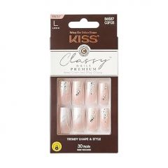 KISS Classy Premium Press On Nails, 'Stunning!', French, Long Length, Square Shape, Includes 30 Fake Nails, 2g Pink Gel Nail Glue, 1 Manicure Stick, 1 Mini File