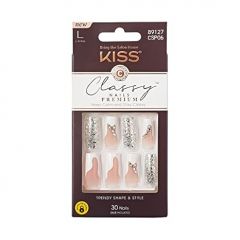 KISS Classy Press On Nails, Nail glue included, 'Stay Modish', Light White, Long Size, Square Shape, Includes 30 Nails, 2g glue, 1 Manicure Stick, 1 Mini File