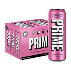 PRIME HYDRATION Energy Drink Strawberry Watermelon, Naturally Flavored, 200mg Caffeine, Zero Sugar, 300mg Electrolytes, Vegan, 12 Fl Oz per Can (Pack of 12)