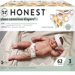 The Honest Company Clean Conscious Diapers | Plant-Based, Sustainable | Fall '24 Limited Edition Prints | Club Box, Size 3 (16-28 lbs), 62 Count