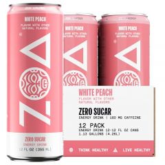 ZOA Zero Sugar Energy Drinks, White Peach - Sugar Free with Electrolytes, Healthy Vitamin C, Amino Acids, Essential B-Vitamins, and Caffeine from Green Tea - 12 Fl Oz (12-Pack)