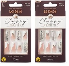 KISS Premium Classy Fake Nails - Stay Modish, Long & Square, Super Glam, Jewel Accents, Waterproof, Smudge Proof, No Dry Time, Durable, Takes Minutes, Quick & Easy | 30 Count (Pack of 2)