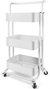 Homchwell 3 Tier Metal Utility Rolling Cart with Lockable Wheels, Multifunction Movable Storage Shelves Organizer Cart with Handle and Mesh Basket for Kitchen, Coffee Bar,Bathroom, Office