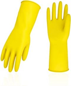 Vgo 1-Pair Reusable Household Gloves, Rubber Dishwashing gloves, Extra Thickness, Long Sleeves, Kitchen Cleaning, Working, Painting, Gardening, Pet Care (Size S, Yellow, HH4601)