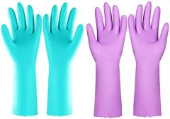 Reusable Dishwashing Cleaning Gloves with Latex free, Cotton lining ,Kitchen Gloves 2 Pairs (Purple+Blue, Medium)