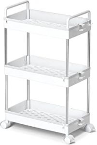 Ronlap 3 Tier Classic Storage Rolling Cart, Slim Storage Cart with Wheels Slide Out Storage Rolling Cart Organizer Plastic Utility Carts for Bathroom Laundry Room Kitchen Office Narrow Place, White