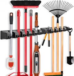 2 Pack Imillet Mop and Broom Holder, Wall Mounted Organizer Mop and Broom Storage Tool Rack with 5 Ball Slots and 6 Hooks (Black)