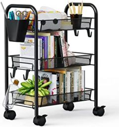 Greensen 3 Tier All-Metal Rolling Cart, Laundry Office Bathroom Storage Organizer Cart with Wheels, Easy-Carry and Assembly Mesh Trolley Cart with Practical Bucket and Hooks, Slide-Out Narrow Shelf