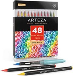 Arteza Real Brush Pens, 48 Colors, Watercolor Markers with Flexible Nylon Brush Tips, 0.5-mm Line Size, Art Supplies for Creating Illustrations, Calligraphy, and Watercolor Effects