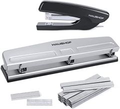 HAUSHOF Desktop Stapler and 3-Hole Punch Set with 5000-Piece Staples and Staple Remover, Office Supplies Compatible with 26/6 and 24/6 Staples